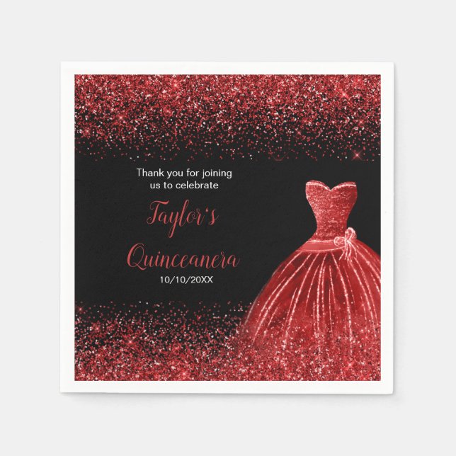 Quinceanera Bright Red Faux Glitter Pappersservett (Framsidan)