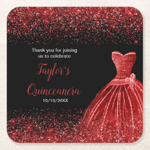 Quinceanera Bright Red Faux Glitter Underlägg Papper Kvadrat