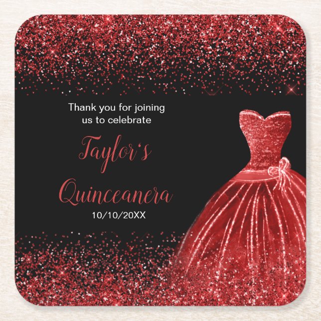 Quinceanera Bright Red Faux Glitter Underlägg Papper Kvadrat (Framsidan)