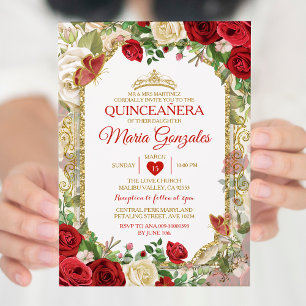 Quinceañera Bright Red & Guld Krona Butterfly Inbjudningar