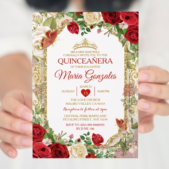 Quinceañera Bright Red & Guld Krona Butterfly Inbjudningar (Skapare uppladdad)