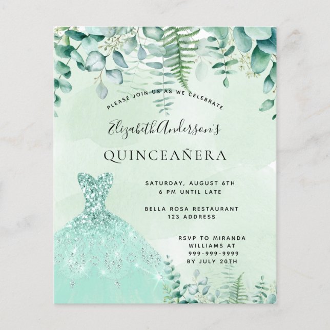 Quinceanera-budgeten för ändrad skogskläder flygblad (Framsidan)