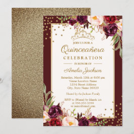 Quinceanera Burgunder Guld blommig Glans Inbjudan