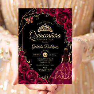Quinceanera Burgunder Guld Fjäril Klänning Blommig Inbjudningar