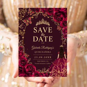 Quinceanera Burgunder Guld Spara Datumet