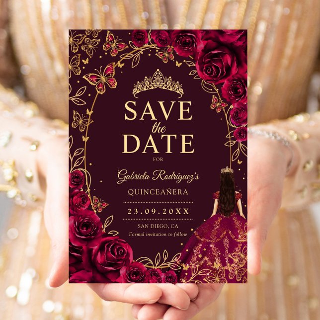 Quinceanera Burgunder Guld Spara Datumet (Skapare uppladdad)
