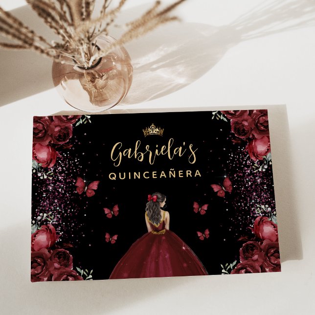 Quinceañera Burgunder Guld Svart Blommig Gästböcker (Skapare uppladdad)