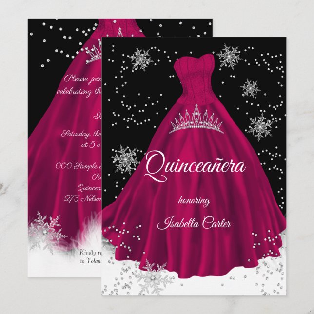 Quinceanera Burgunder rosa snöflinga Silver Klänni Inbjudningar (Fram/baksida)