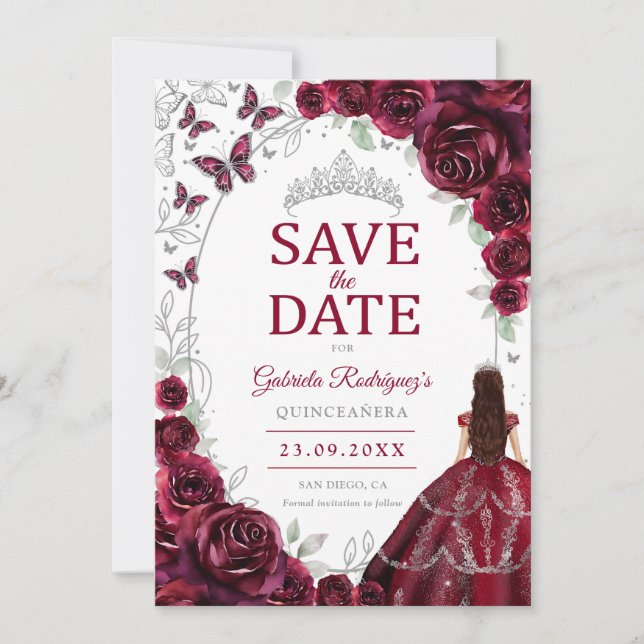 Quinceanera Burgunder Silver Blommig Spara Datumet (Framsida)