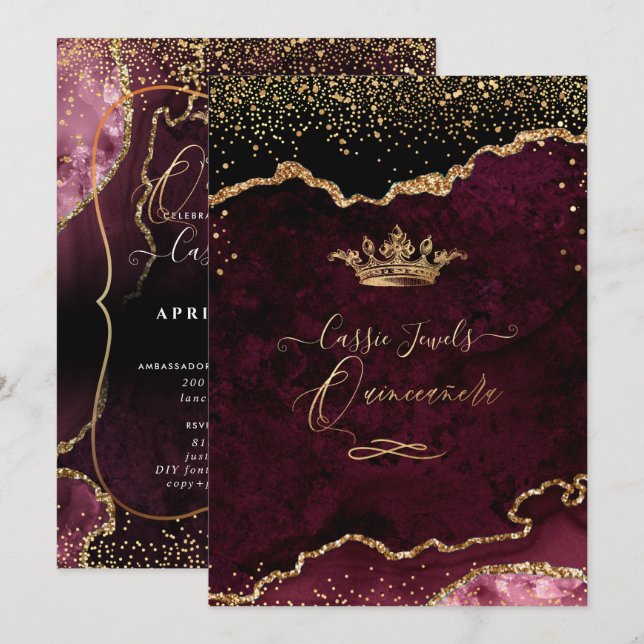 Quinceanera, Burgundy Agate Faux Guld confetti Inbjudningar (Fram/baksida)