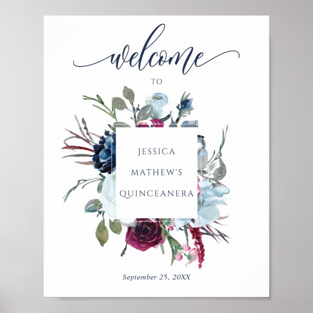 Quinceañera Burgundy, Berry & Blue Welcome Sign Poster (Framsidan)