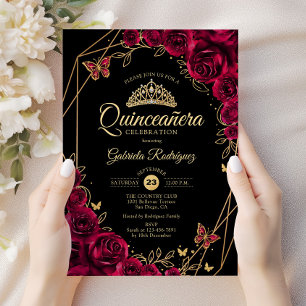 Quinceanera Burgundy Black Guld Blommigt Inbjudningar