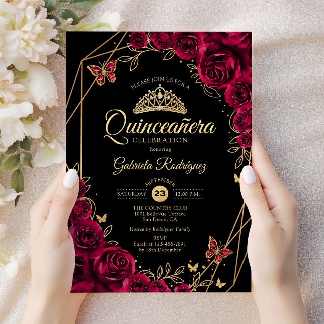 Quinceanera Burgundy Black Guld Blommigt Inbjudningar (Skapare uppladdad)