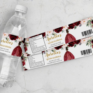 Quinceañera Burgundy Blommigt 16:e födelsedagen Vattenflaskor Etikett