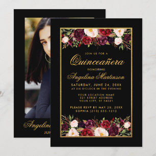 Quinceanera Burgundy Blommigt Black Guld Photo Inbjudningar