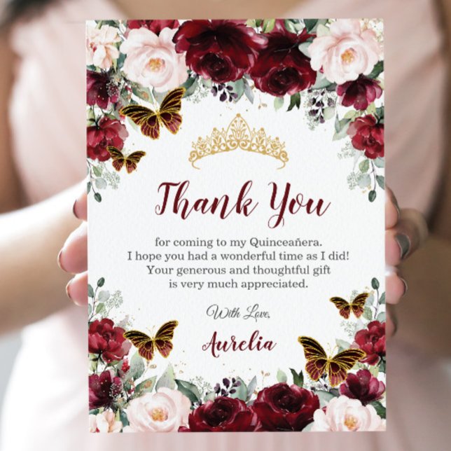 Quinceañera Burgundy  Blommigt Butterflies Tack Kort (Skapare uppladdad)