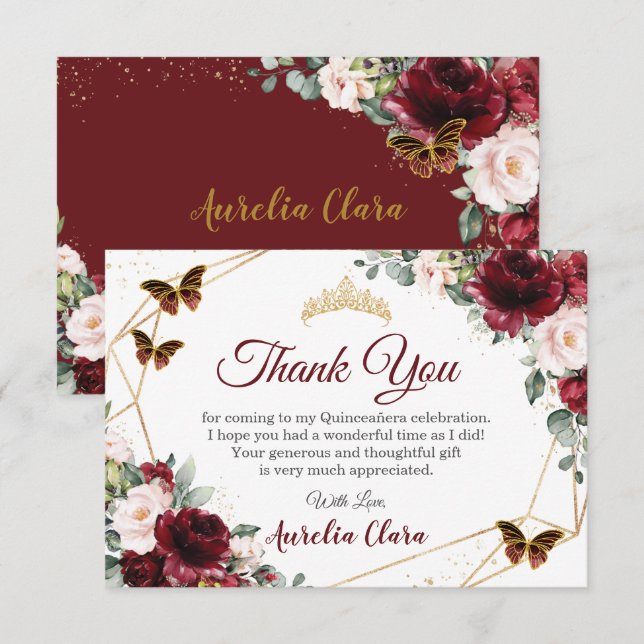 Quinceañera Burgundy  Blommigt Butterflies Tack Kort (Fram/baksida)