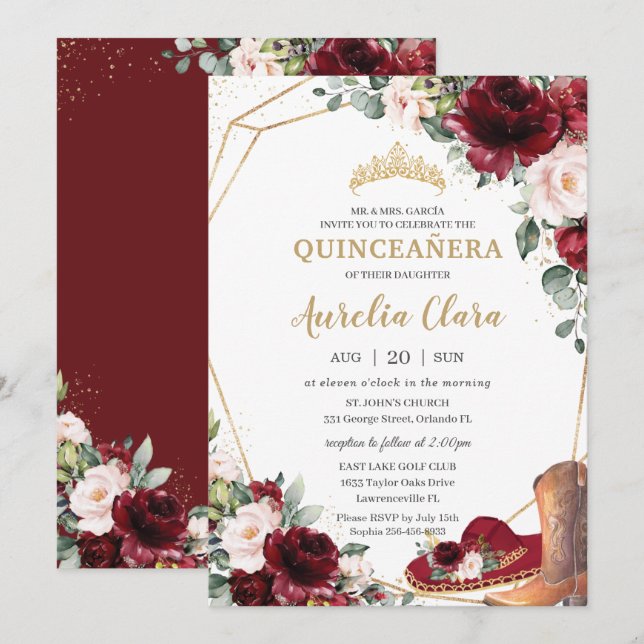 Quinceañera Burgundy  Blommigt Charro Hat Boot Inbjudningar (Fram/baksida)