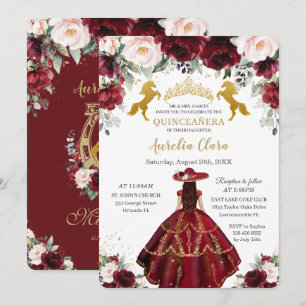 Quinceañera Burgundy Blommigt Charro Horses Inbjudningar