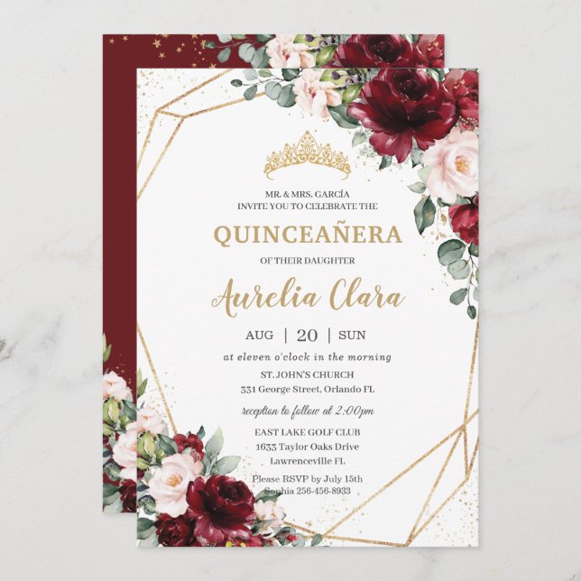 Quinceañera Burgundy  Blommigt Geometric Guld Inbjudningar (Fram/baksida)