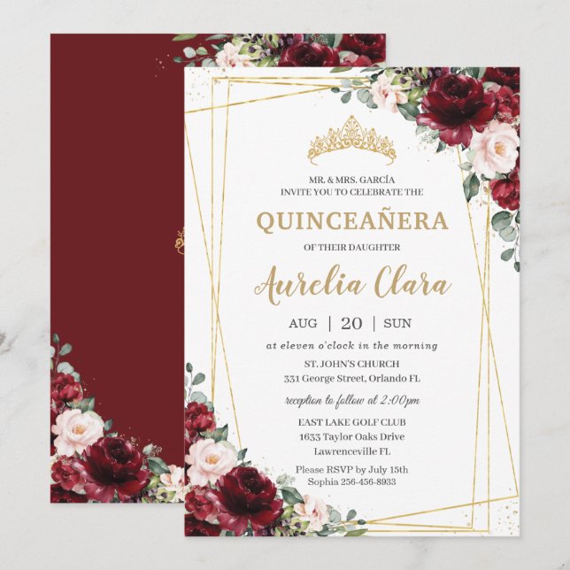 Quinceañera Burgundy  Blommigt Geometric Guld Inbjudningar (Fram/baksida)
