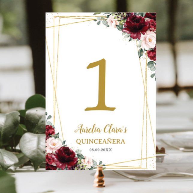 Quinceañera Burgundy  Blommigt Guld Butterflies Bordsnummer (Skapare uppladdad)