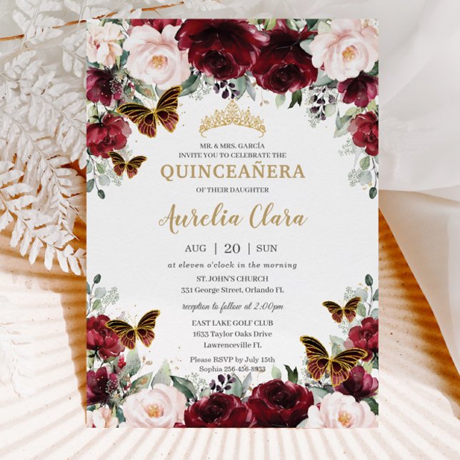 Quinceañera Burgundy  Blommigt Guld Butterflies Inbjudningar (Skapare uppladdad)