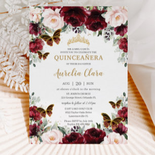 Quinceañera Burgundy Blommigt Guld Butterflies Inbjudningar