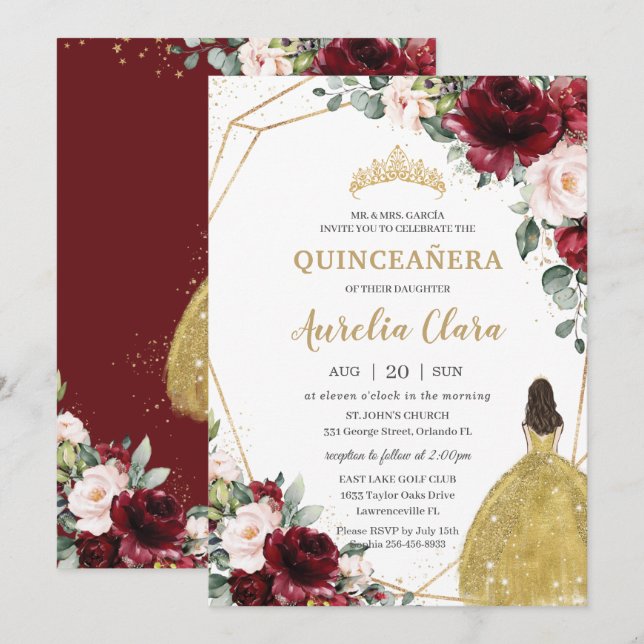 Quinceañera Burgundy  Blommigt Guld Dress Krona Inbjudningar (Fram/baksida)