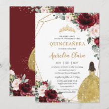 Quinceañera Burgundy  Blommigt Guld Dress Krona