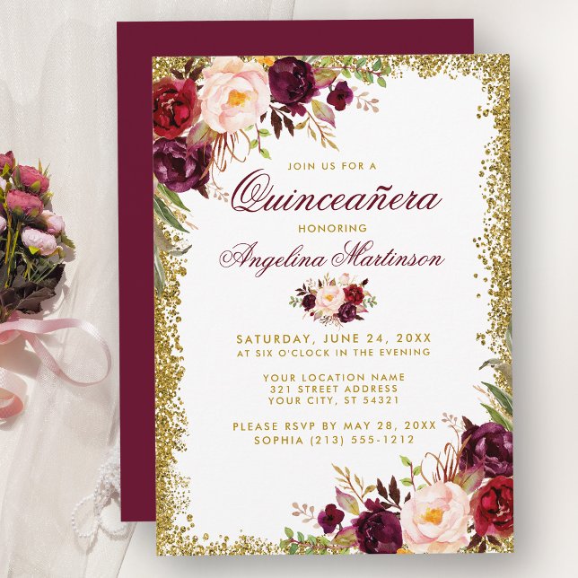 Quinceanera Burgundy Blommigt Guld Glitter Inbjuda Inbjudningar (Customize to change text color, style, add text & photos to back or change color of back of card.)