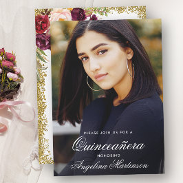 Quinceanera Burgundy Blommigt Guld Glitter Photo Inbjudningar