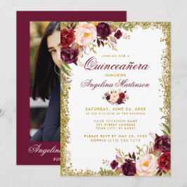 Quinceanera Burgundy Blommigt Guld Glitter Photo Inbjudningar