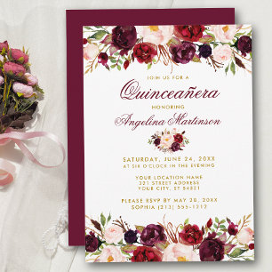 Quinceanera Burgundy Blommigt Guld Inbjudningar