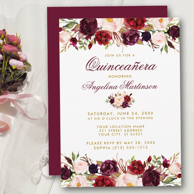 Quinceanera Burgundy Blommigt Guld Inbjudningar (Customize to change text color, style, add text & photos to back or change color of back of card.)