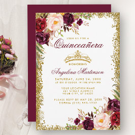 Quinceanera Burgundy Blommigt Guld Krona Inbjudan