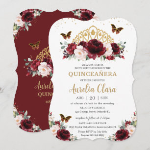 Quinceañera Burgundy Blommigt Guld Krona Inbjudningar