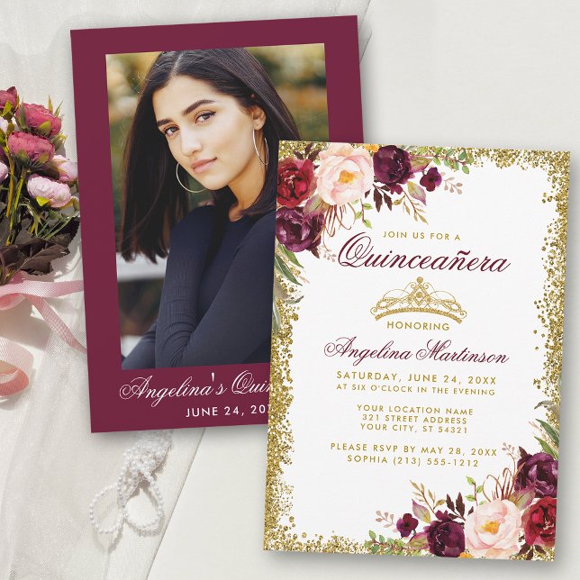 Quinceanera Burgundy Blommigt Guld Krona Photo Inbjudningar (Customize to change text size or text style.)