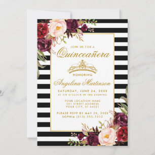 Quinceanera Burgundy Blommigt Guld Krona stripe Inbjudningar