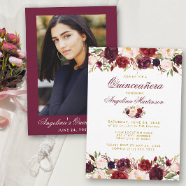 Quinceanera Burgundy Blommigt Guld Photo Inbjudningar