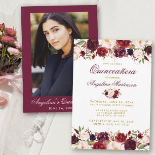 Quinceanera Burgundy Blommigt Guld Photo Inbjudningar