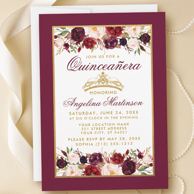 Quinceanera Burgundy Blommigt Guld Ram Krona Inbjudningar (Customize to change text color, style, add text & photos to back or change color of back of card.)