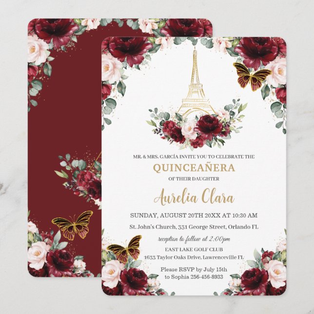 Quinceañera Burgundy  Blommigt Paris Butterfly Inbjudningar (Fram/baksida)