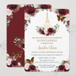 Quinceañera Burgundy  Blommigt Paris Butterfly Inbjudningar