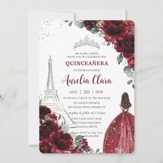 Quinceañera Burgundy Blommigt Paris Eiffel Princes Inbjudningar (Framsida)