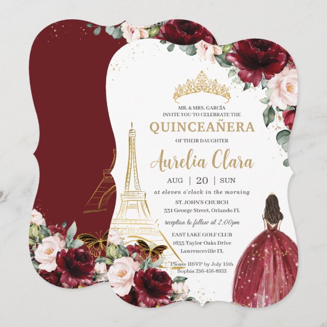 Quinceañera Burgundy  Blommigt Paris Guld Krona Inbjudningar (Fram/baksida)