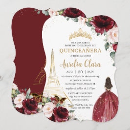 Quinceañera Burgundy  Blommigt Paris Guld Krona Inbjudningar