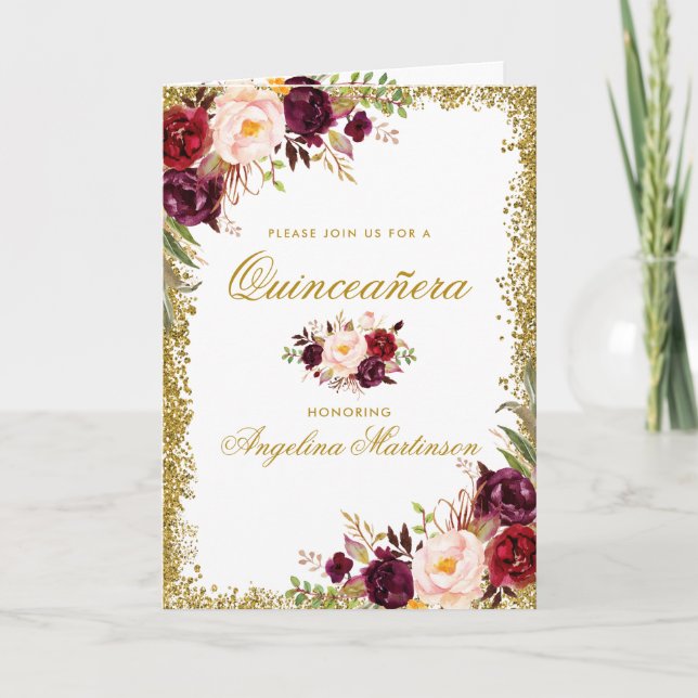 Quinceanera Burgundy Blommigt Photo Glitter Foldat Kort (Framsida)