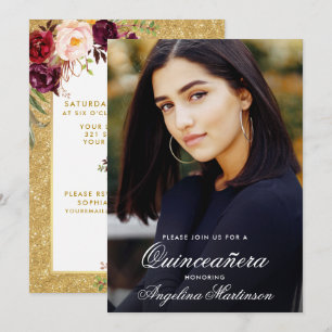 Quinceanera Burgundy Blommigt Photo Guld Glitter Inbjudningar