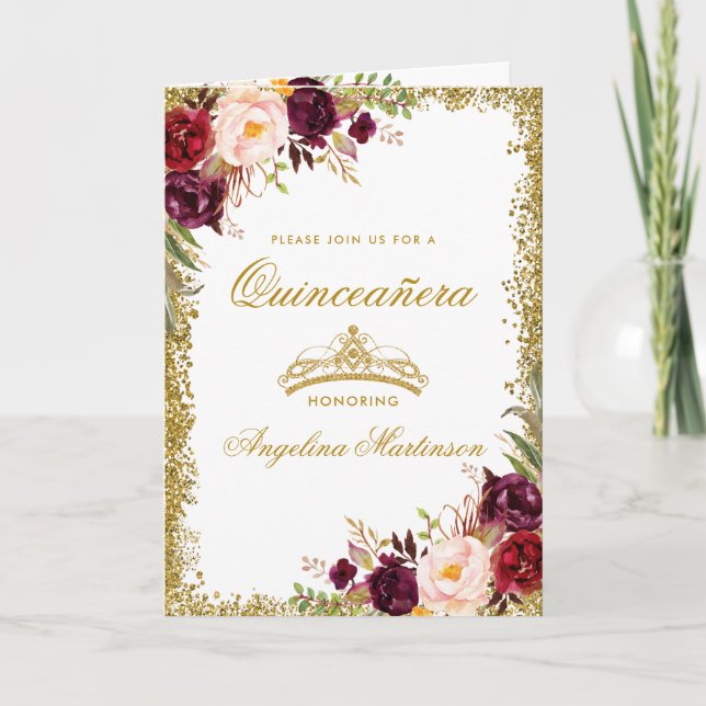 Quinceanera Burgundy Blommigt Photo Guld Krona Fol Kort (Framsida)